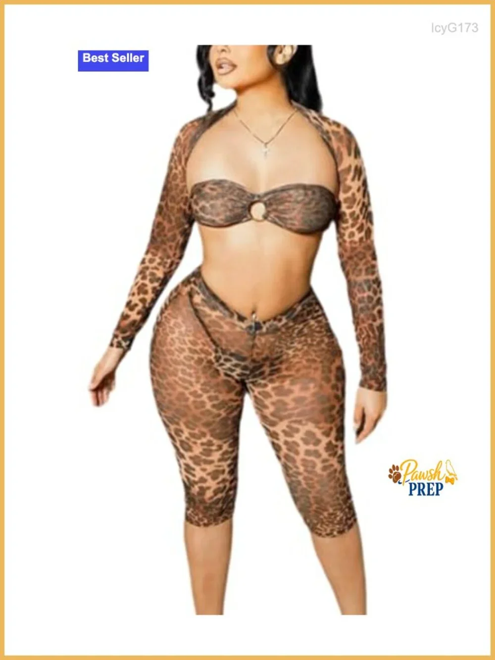 Sexy 3 Piece Cheetah Print Outfit Women Clubwear Long Sleeve See Through Set